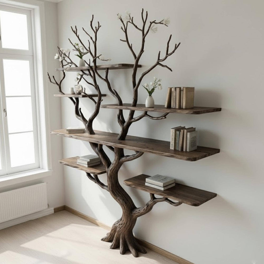 Driftwood Tree Branch Bookshelf: Rustic Wood Carving Wall Art
