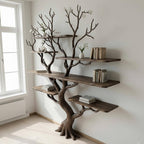 Driftwood Tree Branch Bookshelf: Rustic Wood Carving Wall Art
