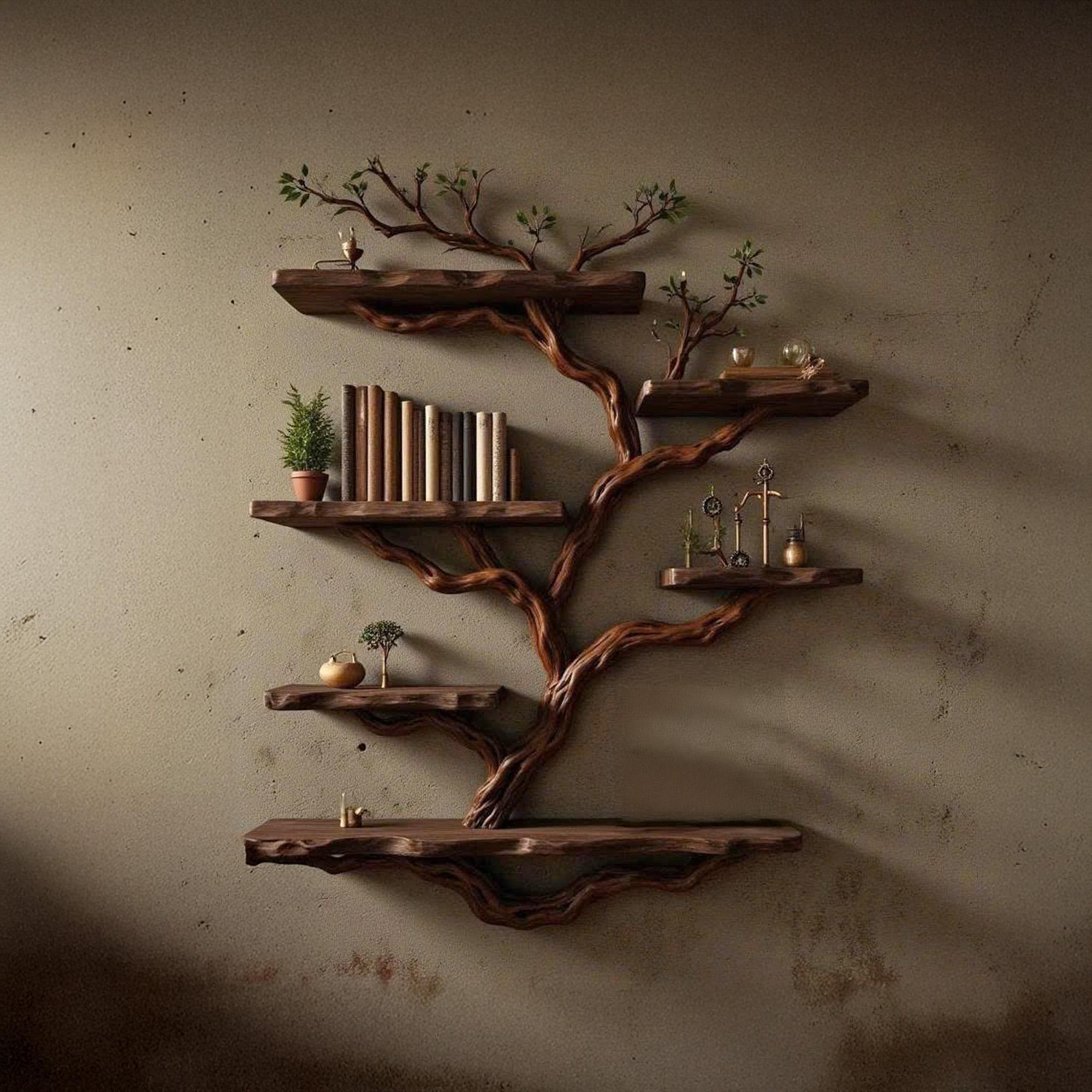 Natural driftwood tree bookshelf branch shape floating bookcase wall mount sculpture furniture