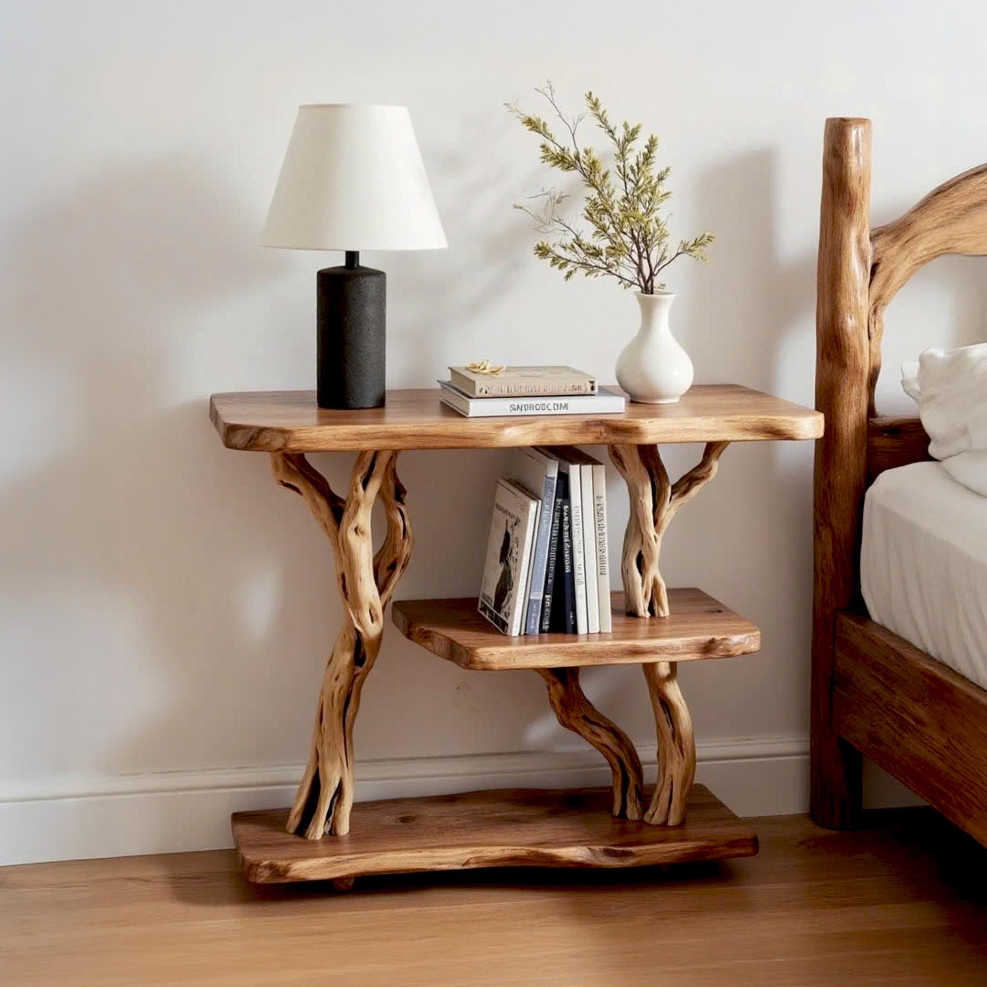 Solid wood bookcase nightstand free standing bookshelf tree branch driftwood plant stand rustic shelving handcrafted furniture