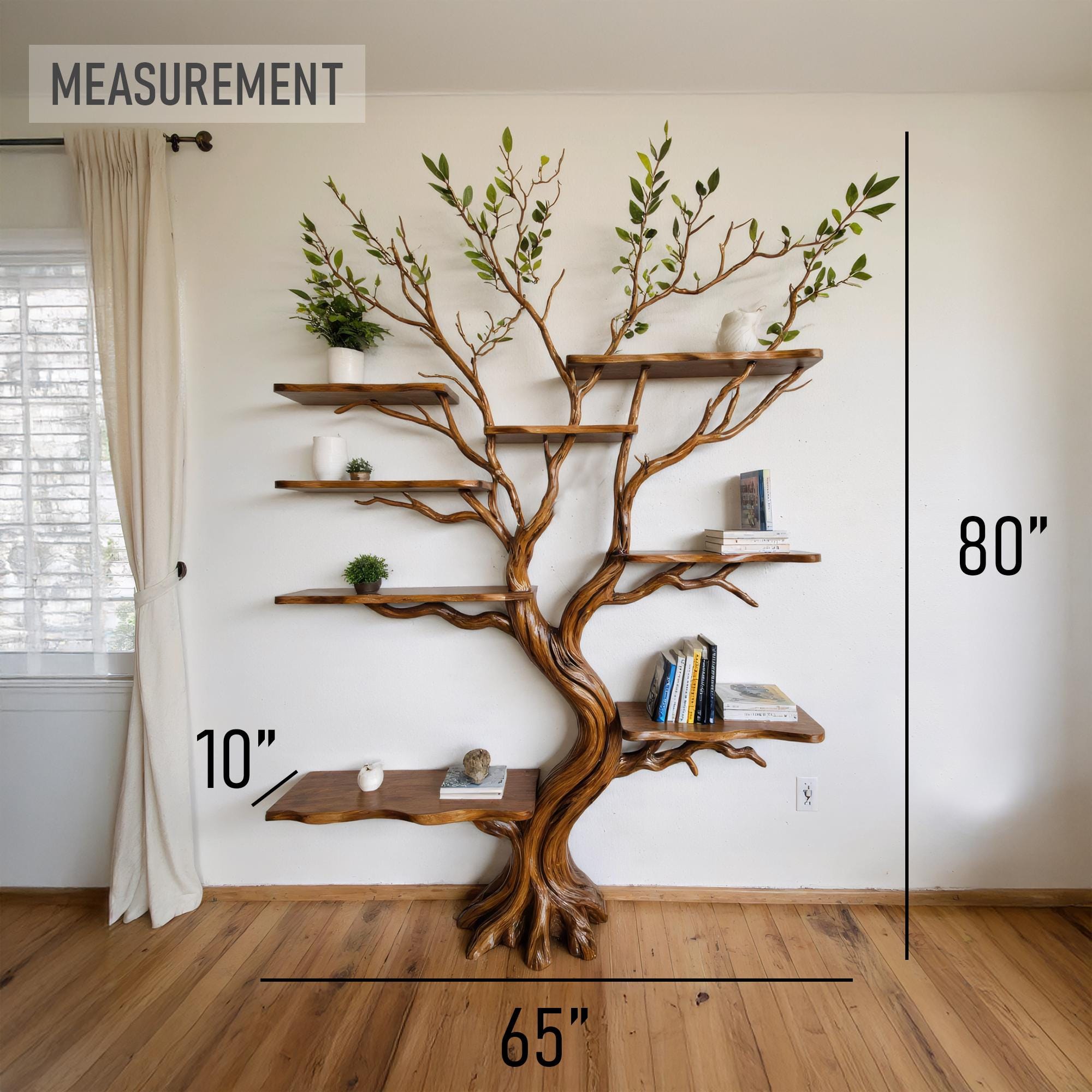 Tree bookshelf driftwood branch shelf on wall mount art solid wood bookcase unique bookshelves decor for living room
