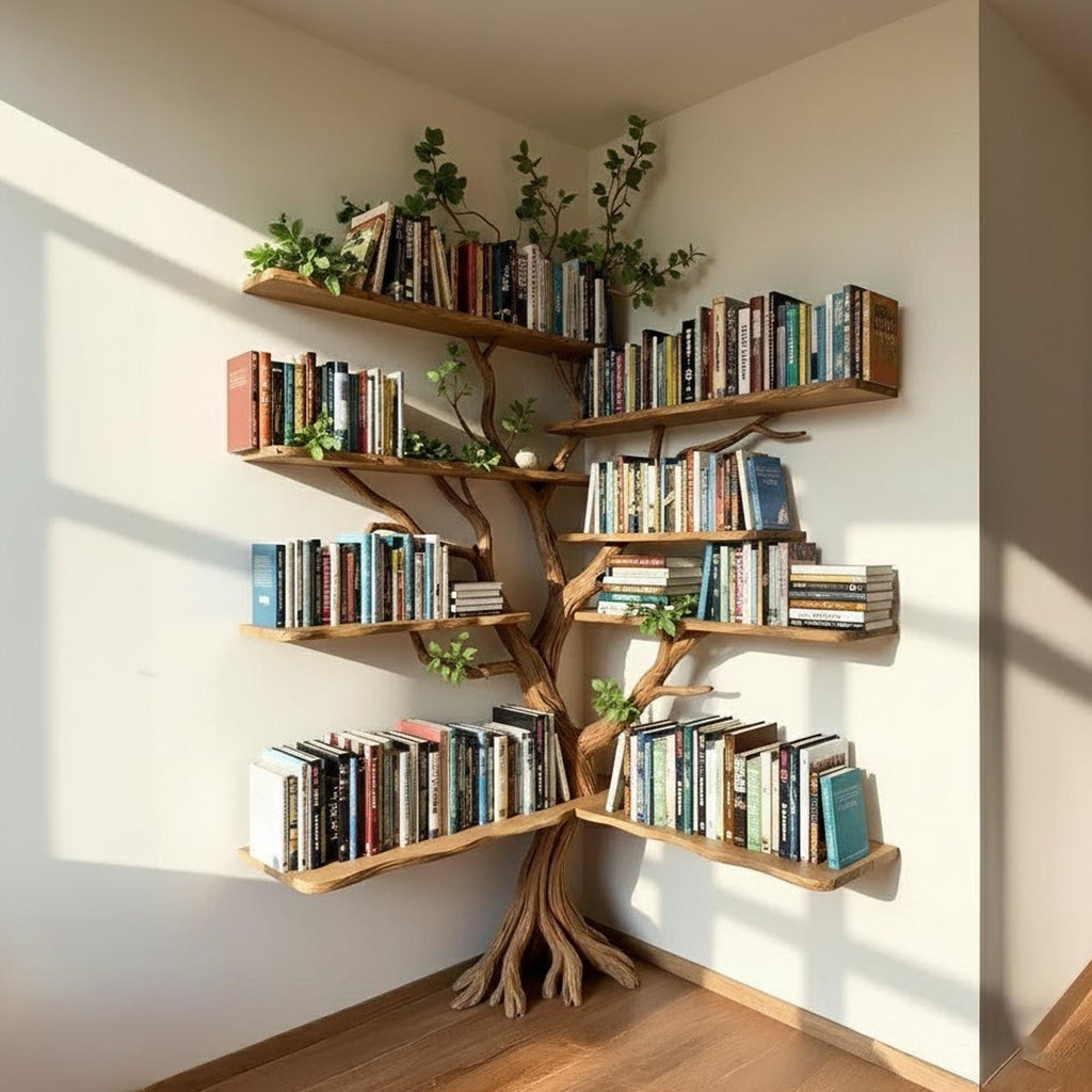 Corner floating bookshelf wall mount tree branch bookcase sculptured shelving furniture