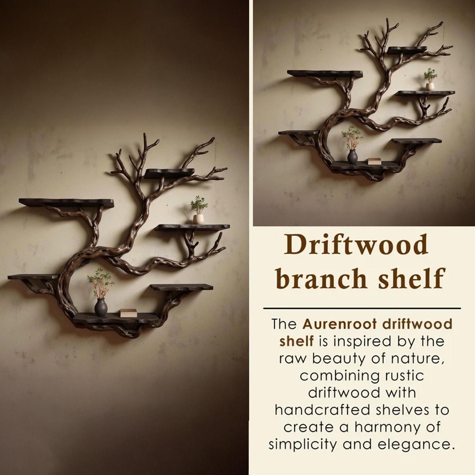 Wall mount driftwood tree shelf rustic bookshelf branch tree shape art sculptured housewarming