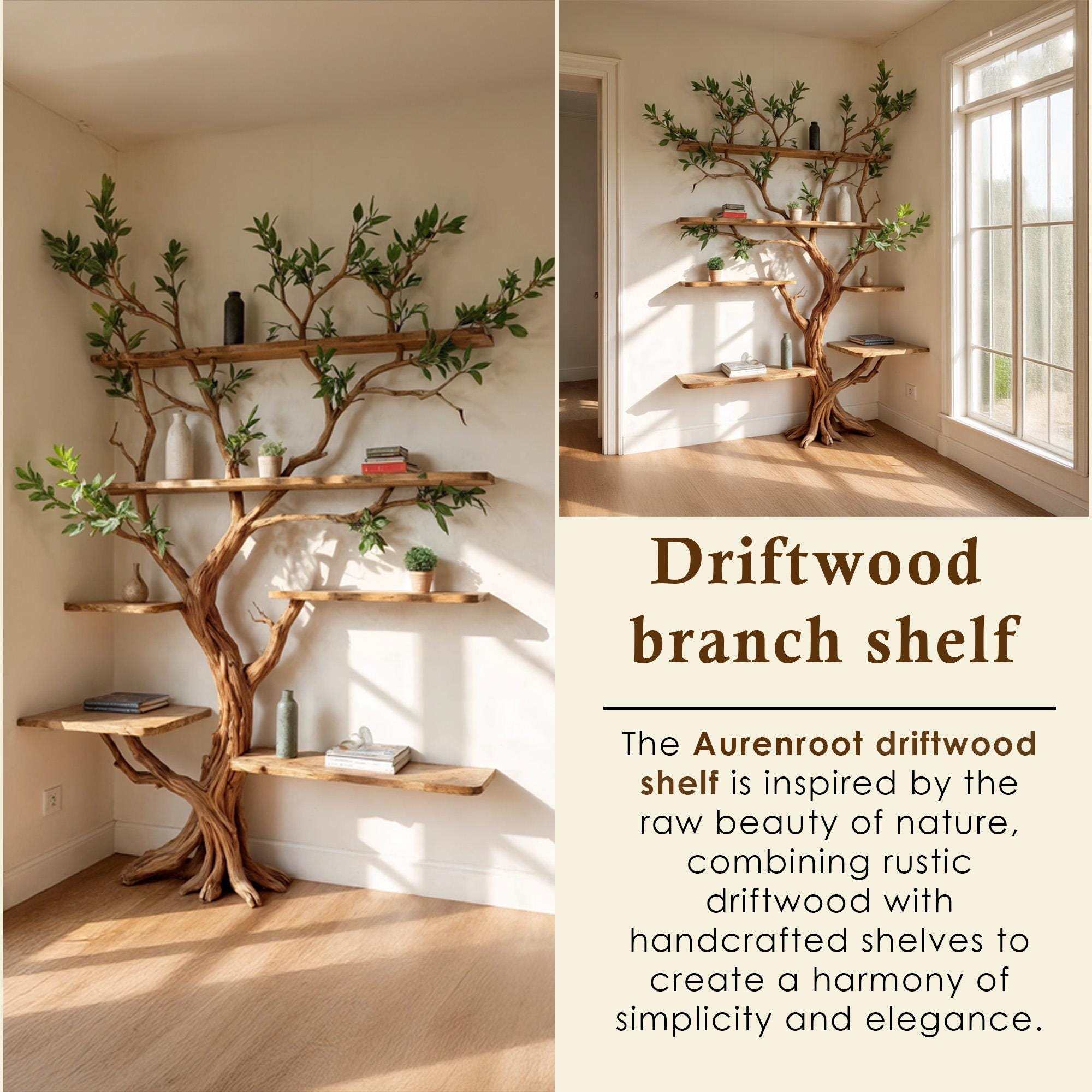 Corner driftwood shelf tree branch bookshelf solid wood bookcase home decor