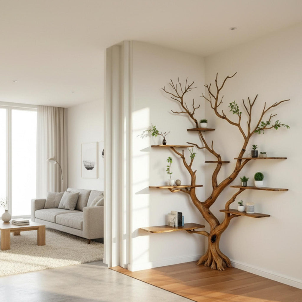 Corner tree branch wall shelves solid wood bookshelf wall mount floating shelf art decor for home
