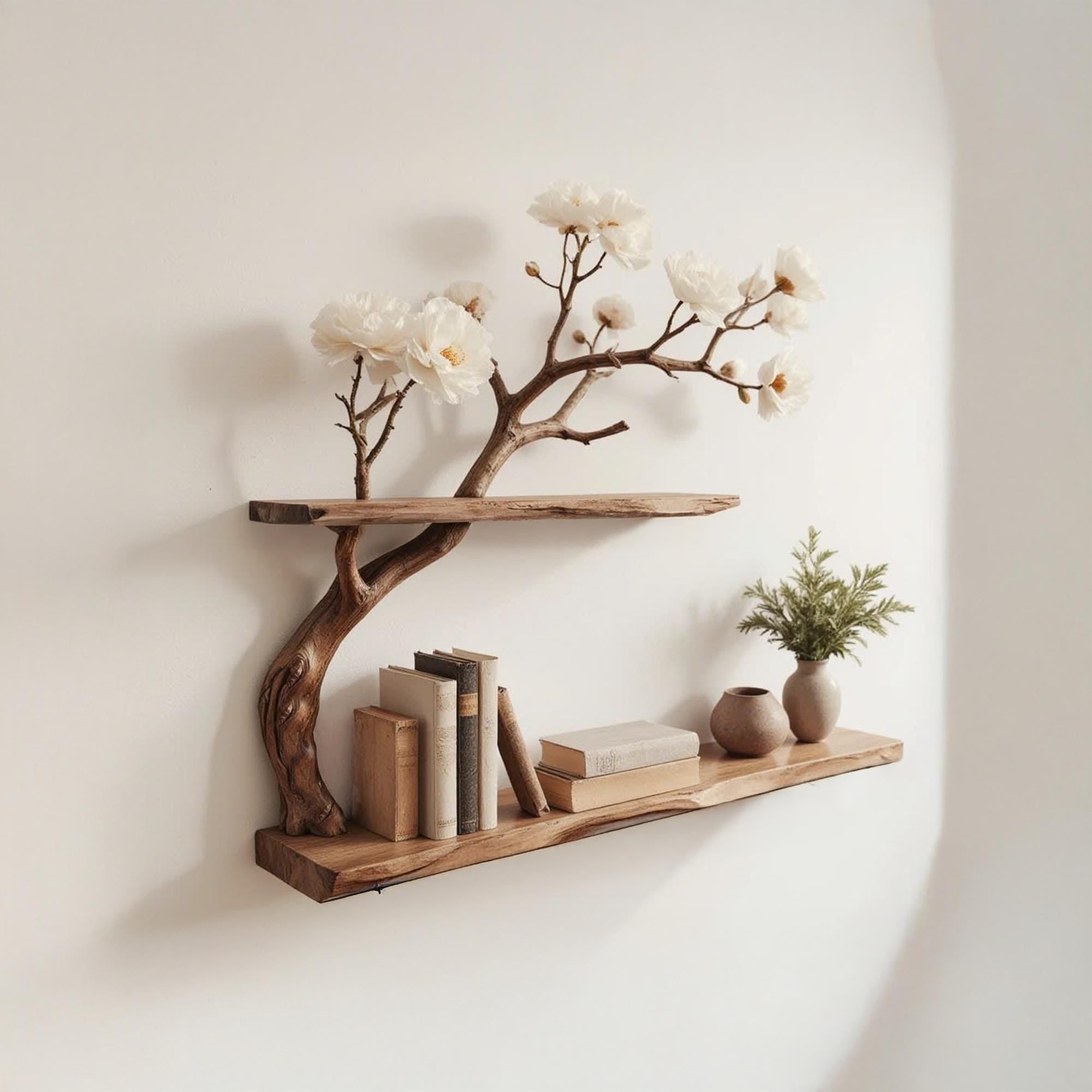 Natural driftwood branch bookshelf rustic tree book shelf art solid wood bookcase for entryway space decor