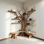 Floor bookcase corner floating wood shelves tree branch shelf on wall driftwood carving