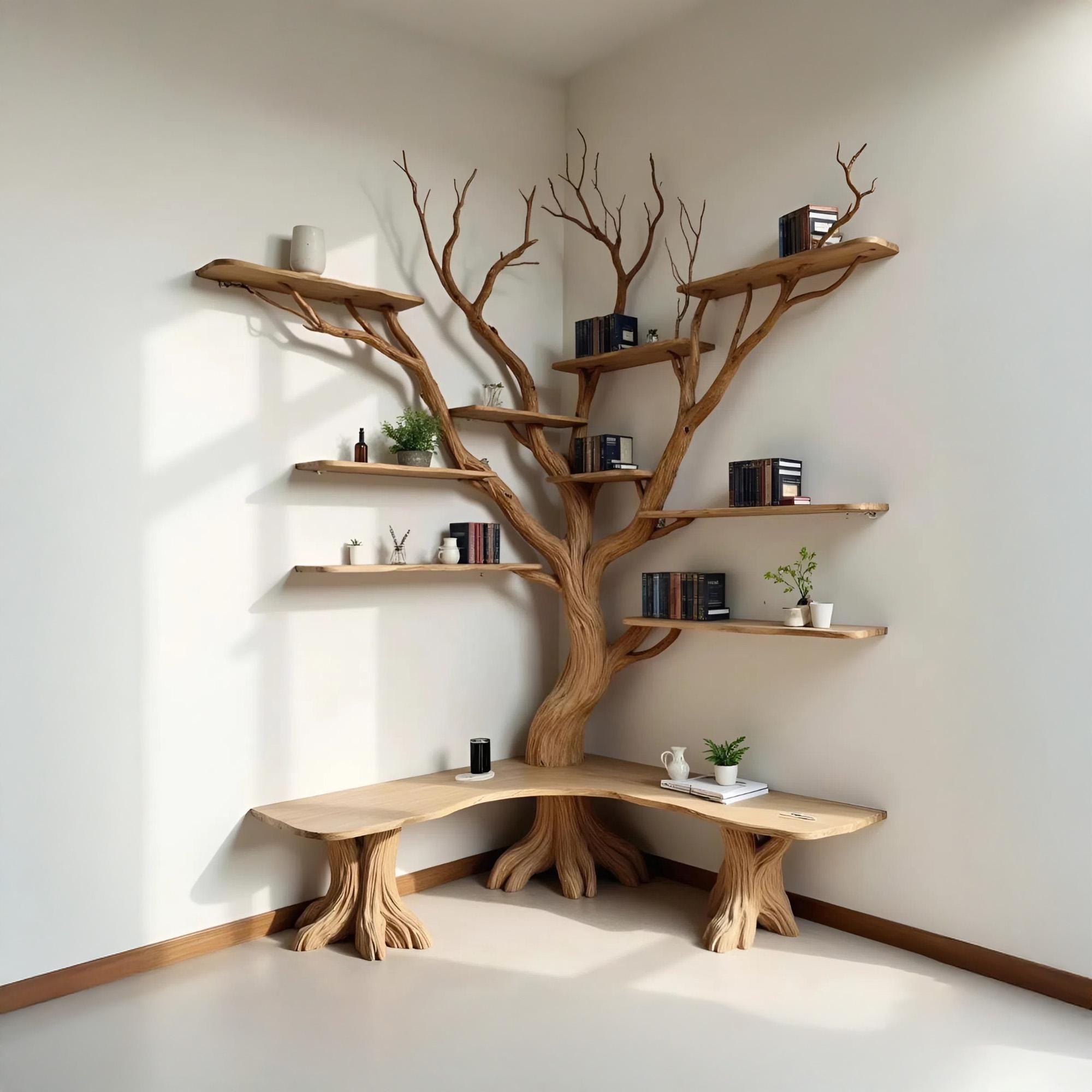 Floor bookcase corner floating wood shelves tree branch shelf on wall driftwood carving