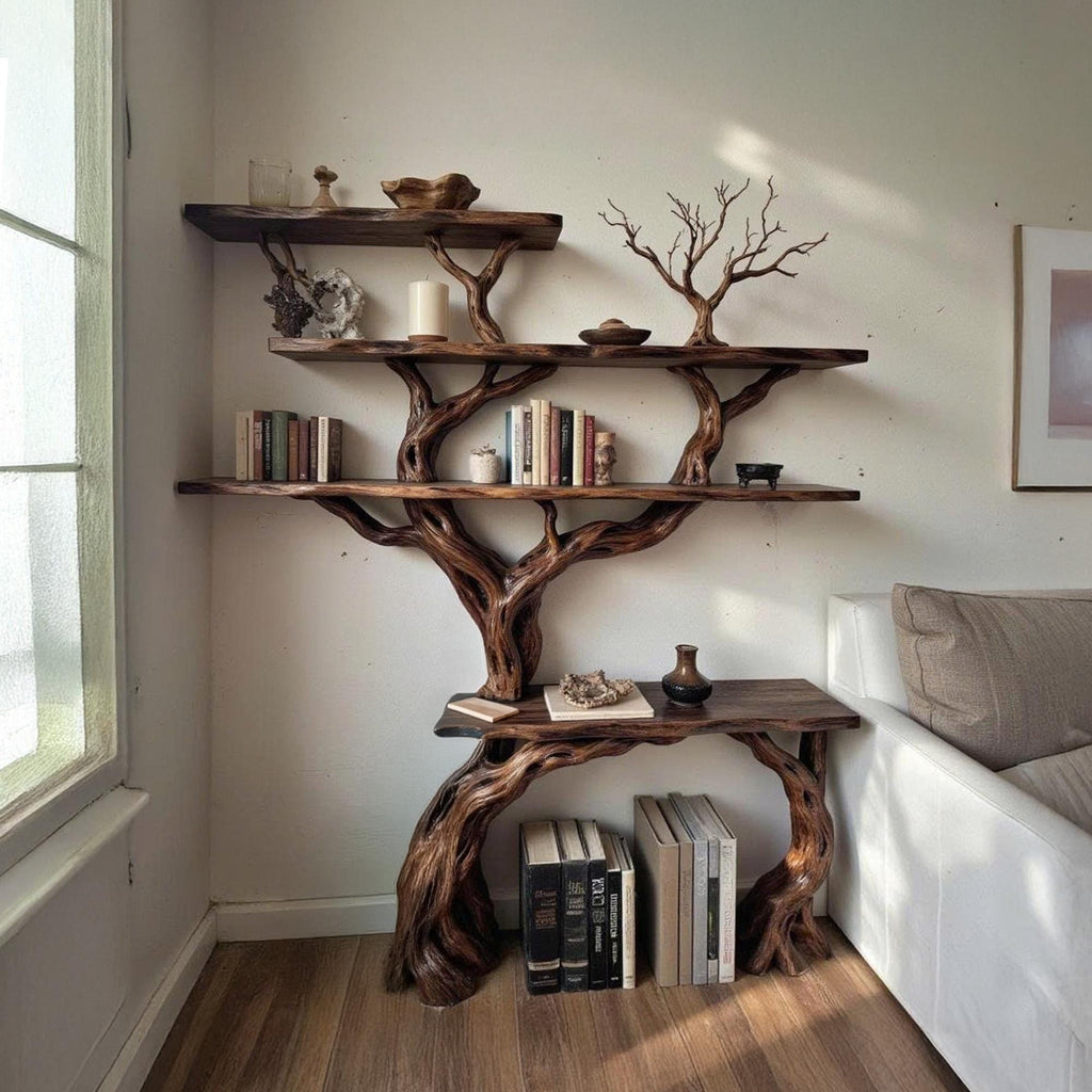 Tree branch bookcase solid wood bookshelf cabinet floating wall mount shelving rustic decoration