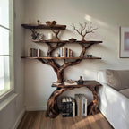 Tree branch bookcase solid wood bookshelf cabinet floating wall mount shelving rustic decoration