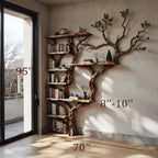 Corner dark tree bookshelf antique driftwood branch  solid wood bookcase floor standing wall mount shelf