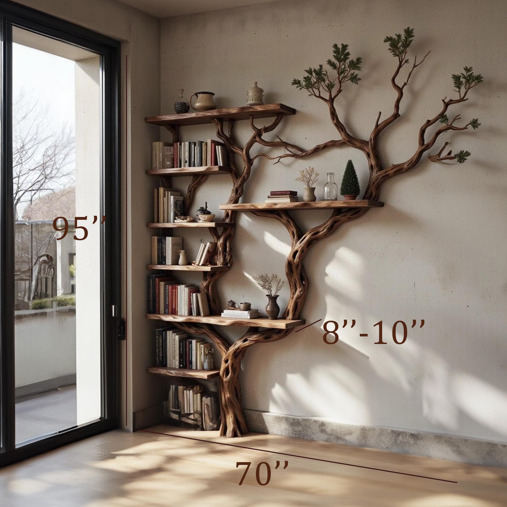 Corner dark tree bookshelf antique driftwood branch  solid wood bookcase floor standing wall mount shelf