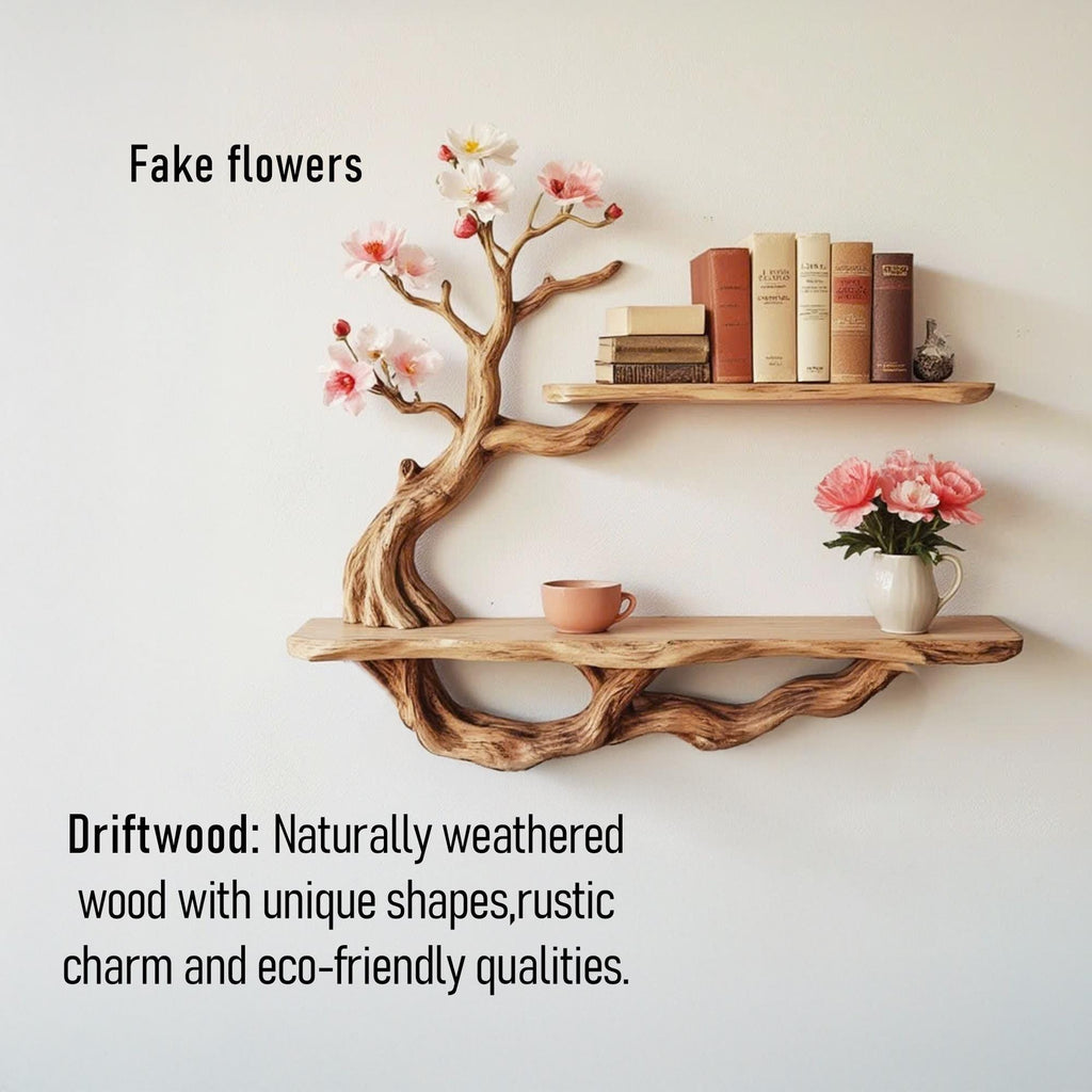 Handcrafted driftwood shelf natural tree bookshelf wall mount solid wood bookcase for living spaces decor