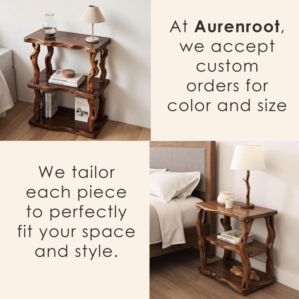 Natural wood bookcase solid wood rustic night stand mini bedside table free standing shelf handmade furniture